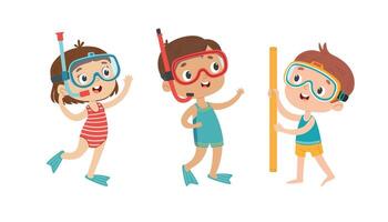 Cute Boy and Girl Diving with Snorkel. Cute cartoon kids doing swimming. Set illustration on a white background in children's style vector