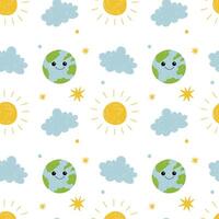 Seamless pattern with cute cartoon planet, sun and clouds. illustration for textile print, wrapping paper and wallpaper vector