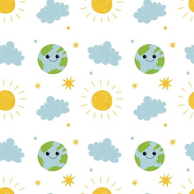 Seamless pattern with cute cartoon planet, sun and clouds. illustration for textile print, wrapping paper and wallpaper