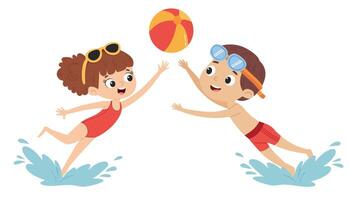 Boy and girl playing with a ball in swimming pool. A set of flat illustrations in a simple children's style. vector