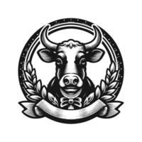 a black and white image of a bull head with a ribbon vector