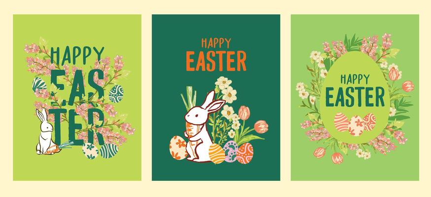 Happy Easter Greeting Cards with Bunny, Floral Elements, and Decorative Eggs