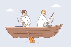 Business conflict between two partners sitting in same boat and rowing in opposite direction vector