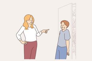 Child hiding something from mother, calling to clean room, standing near door with skeletons vector