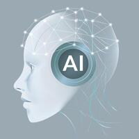 AI humanoid head side view with neural network thinks. AI with Digital Brain is learning processing big data, analysis information. Face of cyber mind. Concept of artificial intelligence vector