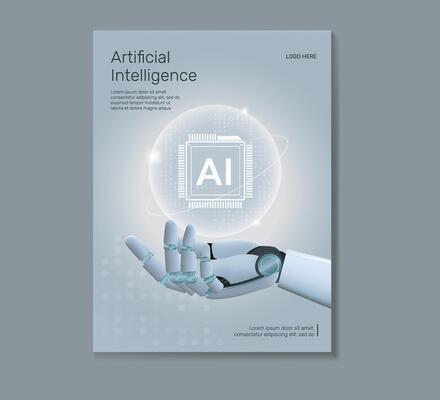 AI humanoid hand holding AI icon hologram Poster brochure cover banner presentation layout template, Technology digital futuristic, Cyber future tech illustration.