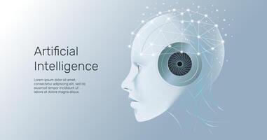 AI humanoid head side view with neural network thinks. AI with Digital Brain is learning processing big data, analysis information. Face of cyber mind. Technology background concept. vector