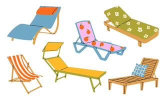 Flat icons set of Beach elements and objects. Isolated Illustration. Beach sunbeds, chairs,for beach. Enjoying suntan. Summer time design icons isolate on white . vector