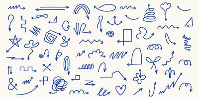 Different trendy vintage Doodle arrows. Minimalistic simple drawing Direction signs. Different shapes. Straight, curly, swirly, round. Hand drawn set. All elements isolated vector