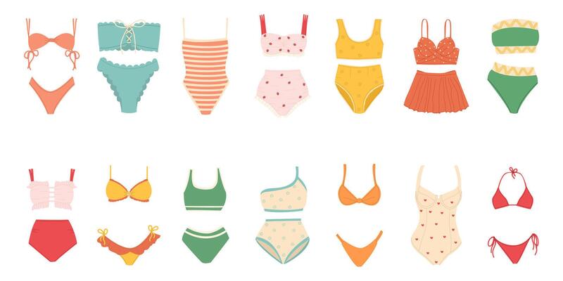 Different types of colorful swimsuits. Big summer set of hand drawn images of underwear. Collection of scrapbooking elements for a beach party. All elements are isolated