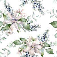Jasmine pink flowers and juniper branch watercolor seamless pattern isolated. Floral repeated texture in soft tones hand drawn. Blooms and coniferous painted for wedding, Christmas background vector