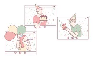 Engaging in a Virtual Birthday Celebration featuring Cake, Colorful Balloons, and Thoughtful Gifts vector