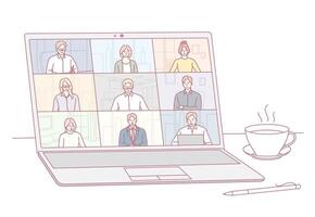 A virtual meeting featuring multiple participants engaging on a laptop screen interface setup vector