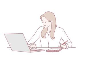 A Focused Woman Working Diligently on a Laptop, Accompanied by a Notepad for Notes and Tasks vector
