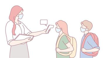 School Health Check with Students Who Are Wearing Masks in a Safe Environment at School vector