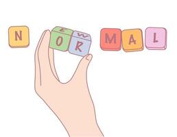 A hand is holding building blocks that are spelling out the word NORMAL in a fun way vector