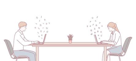 Remote work collaboration in shared desk space boosts creativity and productivity vector