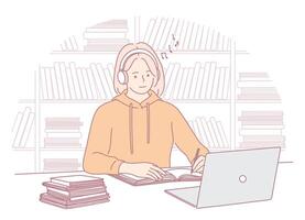 A focused student with headphones uses a laptop in a quiet library for learning vector