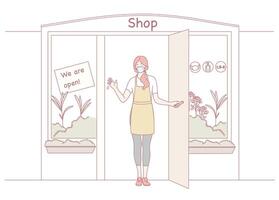 Welcoming Shopkeeper at Open Storefront Ready to Serve Customers with a Friendly Smile vector
