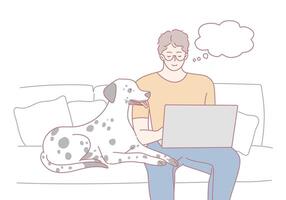 A man works on his laptop with his dog beside him, creating a warm, inviting atmosphere vector