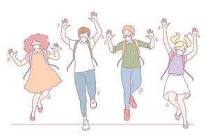 Cheerful and joyous children happily jumping around with glee while wearing colorful masks vector