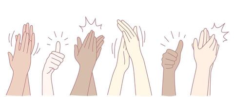 A collection of diverse hands is enthusiastically applauding and giving thumbs up in appreciation vector