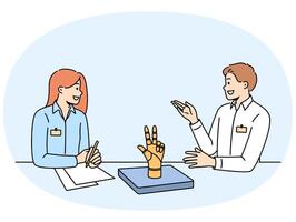 Meetings of office employees discussing robotization of production, sitting at table with robot arm vector