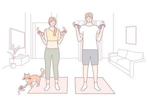 A Couple Engaging in Exercise Activities at Home While Enjoying Time with Their Cat vector