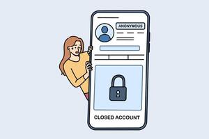 Woman with paranoia uses private account on social networks, stands near phone with anonymous app vector