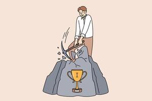 Challenge for business man who wants to get trophy hidden in rock and achieve success in life vector