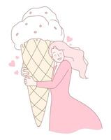 A Joyful Woman Happily Embracing a Giant, Colorful Ice Cream Cone with Delight and Enthusiasm vector