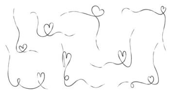 Doodle heart line frame. Continuous stroke with love art border for wedding decoration. Abstract romantic thin motif for corner. Separate linear scribble element for boho card. String ornament design. vector
