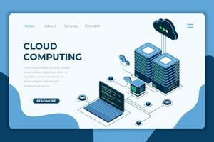 Cloud computing isometric landing page. Cloud storage server. Cloud computing online database technology. Isometric technology. vector