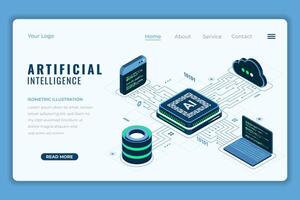 Artificial intelligence isometric landing page. AI technology. Artificial intelligence chip. Machine learning technology concept. Isometric technology. vector