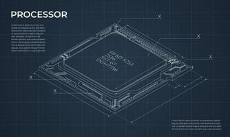 Isometric processor blueprint. Central processing unit or CPU. Computer hardware components. Semiconductor technology concept. illustration., vector
