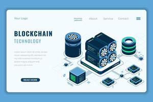 Blockchain technology isometric landing page. Isometric cryptocurrency. Isometric cloud mining concept. Isometric technology vector