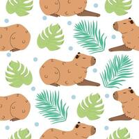 Capybara seamless pattern with tropical leaves on white background. vector