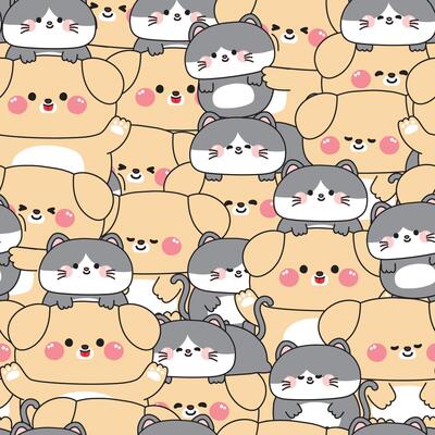 Repeat.Seamless pattern of cute big dog and tiny cat stay together in various poses background.Meow.Kitten and puppy.Friendship.Love.Pet animal character cartoon.Kawaii.Illustration.