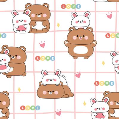 Seamless pattern of cute big teddy bear and tiny bunny rabbit stay together in various poses with heart background.Friendship.Love.Wild and rodent animal character cartoon.Kawaii.Illustration