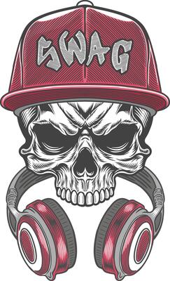 Skull with headphones and a cap on a white background