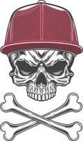 Skull with baseball cap and crossbones illustration vector