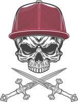 Skull with baseball cap and two swords vector