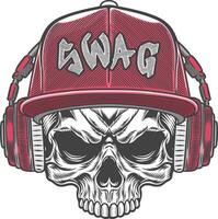 Skull with headphones and hat on white background vector