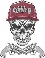 Skull with two guns and a cap on a white background vector
