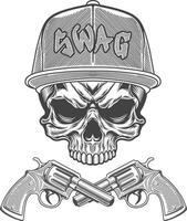 Skull with two guns and a cap in a gang style vector