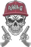 Skull with guns and cap on white background vector