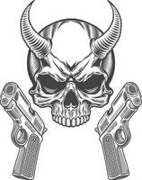 A skull with horns and two guns vector