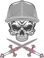 Skull with baseball cap and two swords illustration vector