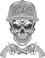 Skull with two guns and a cap in a hip hop style vector