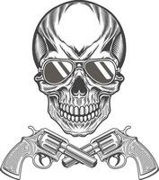 Skull with guns and sunglasses on white background vector
